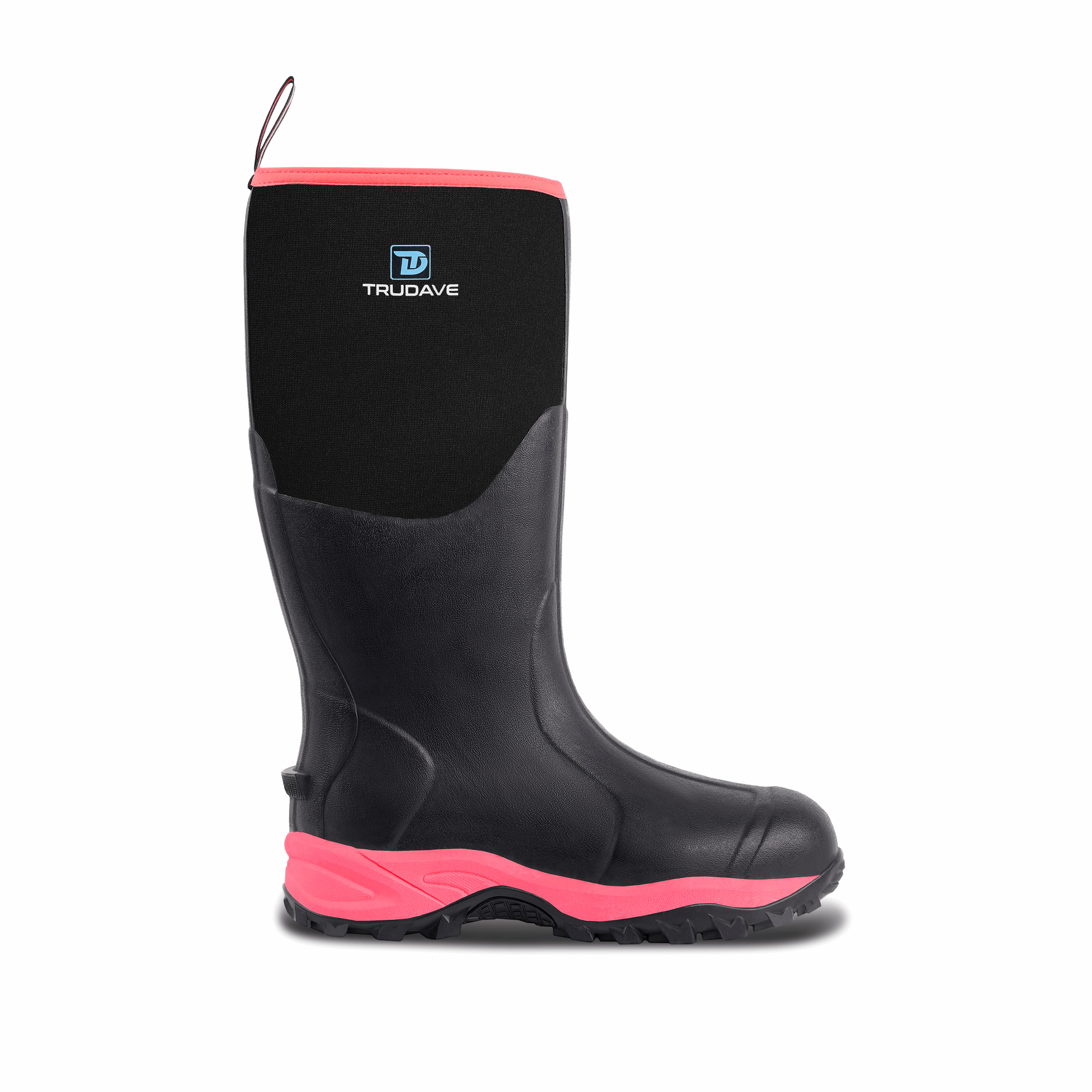 Side view of Trudave HeatHold Series women’s tall waterproof insulated rubber boots in black with pink trim showing durable waterproof shell and warm lining for rain and garden use